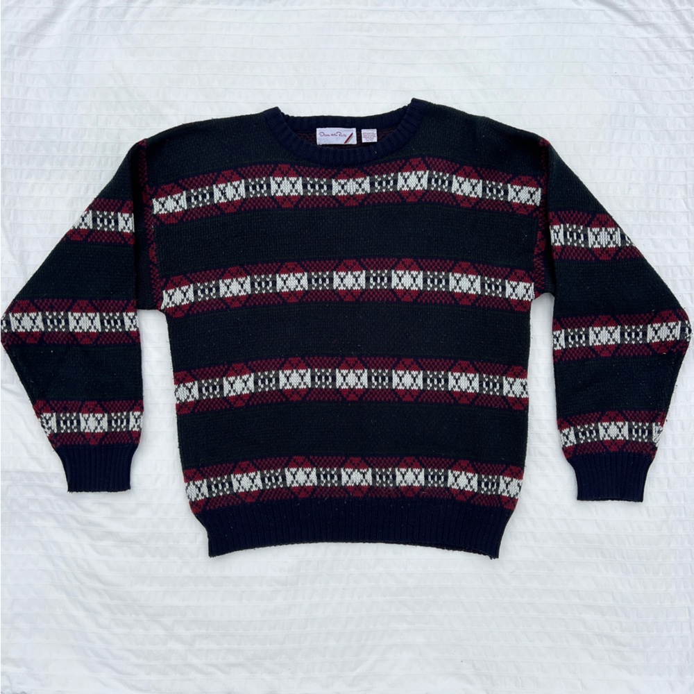 VTG 80s Oscar de la Renta Fair Isle Navy Knit Sweater, M